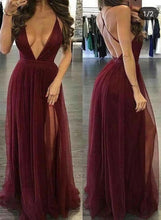 Charger l&#39;image dans la galerie, Burgundy Prom Dresses Spaghetti Straps Tulle with Slit Side