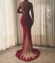 Laden Sie das Bild in den Galerie-Viewer, Burgundy Prom Dresses Backless Lace Mermaid