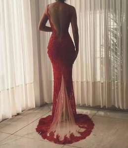 Burgundy Prom Dresses Backless Lace Mermaid