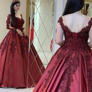 V Neck Burgundy Prom Dresses with Full Sleeves