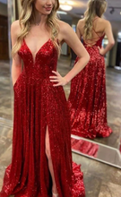 Load image into Gallery viewer, Burgundy Prom Dresses Slit Side Sequins Criss Cross