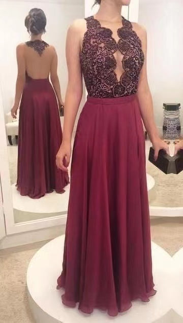 Burgundy Backless Prom Dresses with Appliques Lace