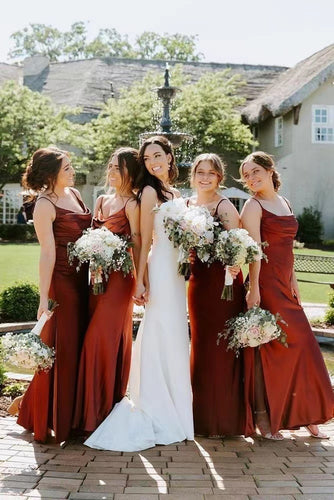 Spaghetti Straps Burnt Orange Bridesmaid Dresses Slit Side