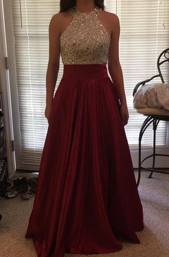 Halter Burgundy Long Prom Dresses with Beaded