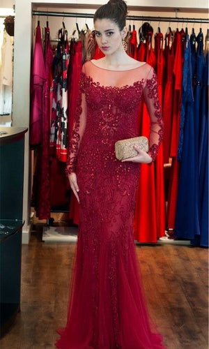 Illusion Neck Prom Dresses Evening Dress with Beading