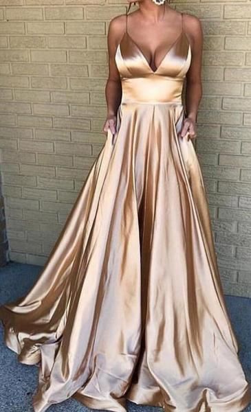 Spaghetti Straps Long Champagne Prom Dresses