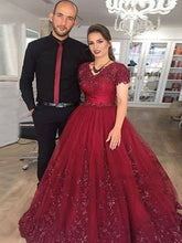 Load image into Gallery viewer, Cap Sleeves Burgundy Ball Gown Prom Dresses with Appliques