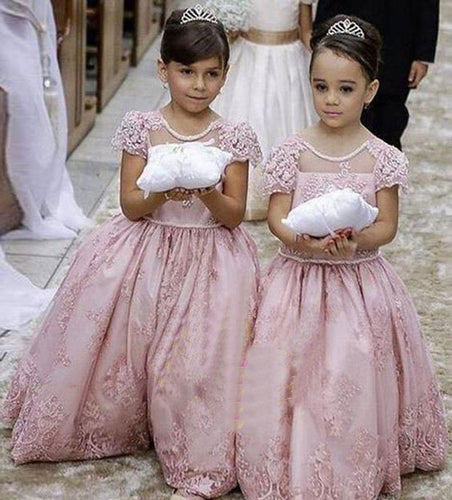 Cap Sleeves Floor Length Pink Flower Girl Dresses with Appliques