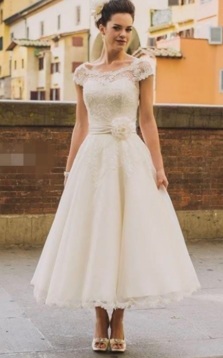 Vintage Wedding Dresses Bridal Gown Waist with Flowers Ankle Length