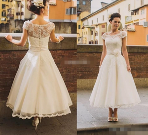 Vintage Wedding Dresses Bridal Gown Waist with Flowers Ankle Length
