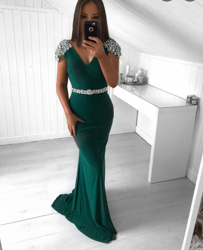 Cap Sleeves Prom Dresses Long with Rhinestones