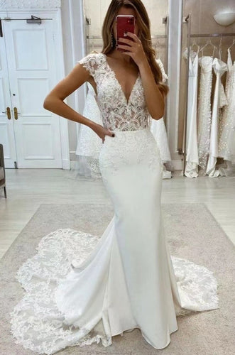 Cap Sleeves Wedding Dresses Bridal Gown with Lace Slit Side