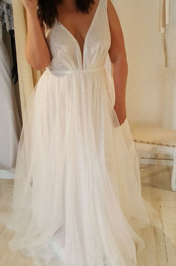 Plus Size Sparkly V Neck Wedding Dresses Bridal Gown