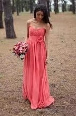 Coral Bridesmaid Dresses Strapless with Handmade Flower