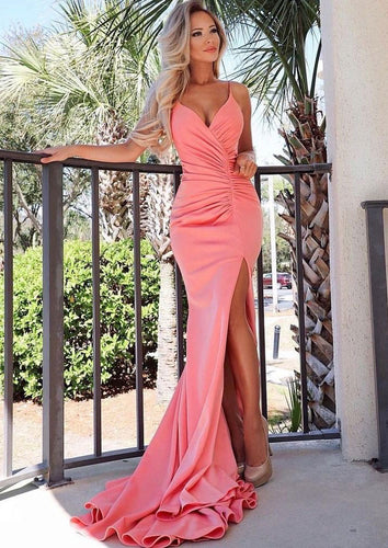 Spaghetti Straps Prom Dresses Slit Coral Pink