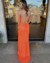 Load image into Gallery viewer, Sequins Orange Prom Dresses Slit Side