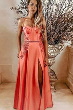 Charger l&#39;image dans la galerie, Coral Prom Dresses Slit Side Spaghetti Straps Floor Length