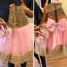 Load image into Gallery viewer, Cute Floor Length Gold Sequined Pink Tulle Flower Girl Dresses with Bowknot