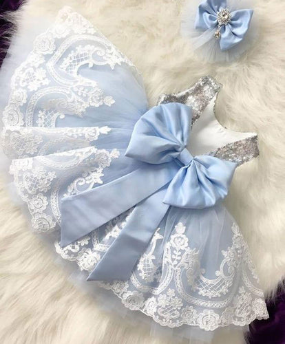 V Back Sky Blue Tulle Flower Girl Dresses with Appliques
