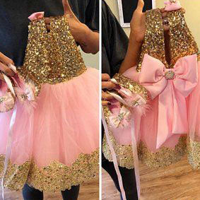 Cute Floor Length Gold Sequined Pink Tulle Flower Girl Dresses with Bowknot