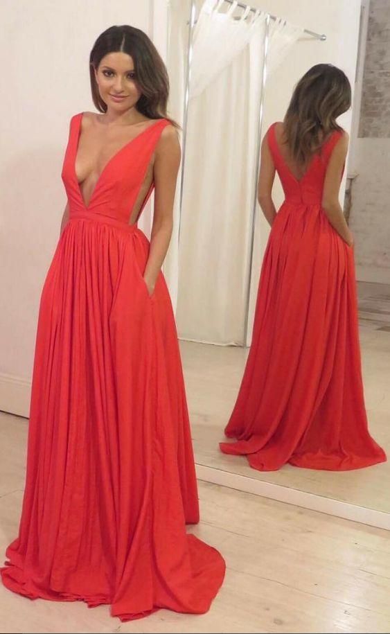 Sexy Deep V Neck Long Prom Dresses Evening Gown