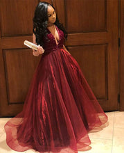 Load image into Gallery viewer, Deep V Neck Burgundy Prom Dresses with Beaded