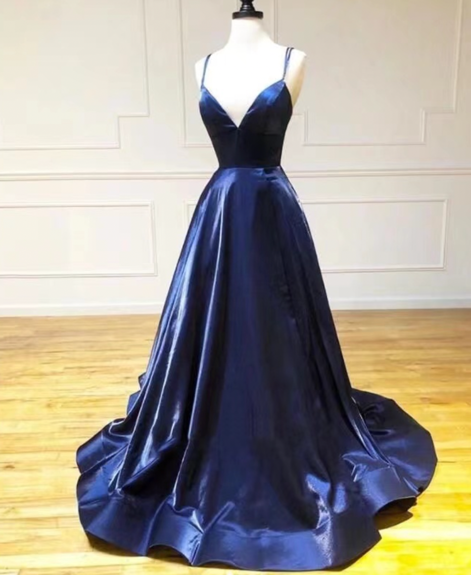 Dark Blue Prom Dresses Spaghetti Straps