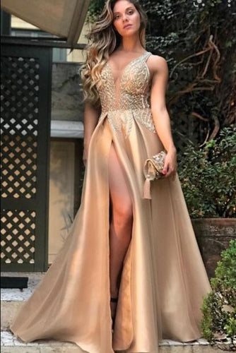 Dark Champagne Prom Dresses with Slit Side