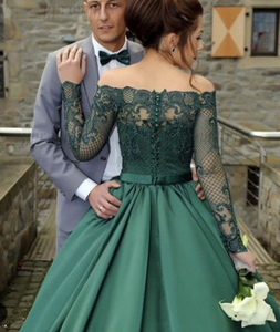Bateau Prom Dresses Green with Full Sleeves