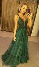 Load image into Gallery viewer, Dark Green Prom Dresses Lace Deep V Neck