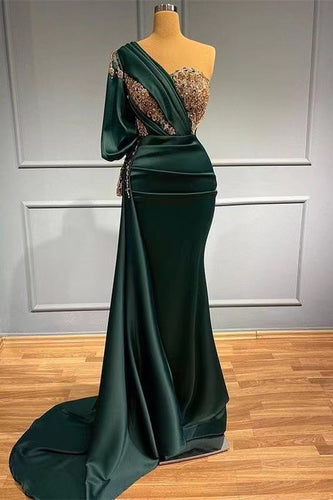 One Shoulder Dark Green Prom Dresses with Gold Appliques