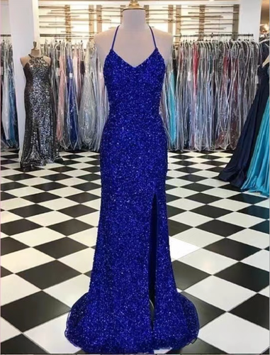 Halter Slit Prom Dresses Dark Royal Blue