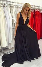 Charger l&#39;image dans la galerie, Deep V Neck Black Long Prom Dresses Under 100