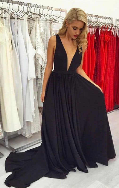 Deep V Neck Black Long Prom Dresses Under 100