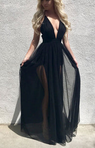 Sexy Spaghetti Straps Cut Low Black Split Prom Dresses