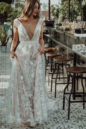 Deep V Neck Lace Wedding Dresses Bridal Gown