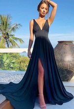 Load image into Gallery viewer, Navy Blue Deep V Neck Split Side Prom Dresses