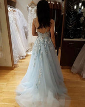 Load image into Gallery viewer, Spaghetti Straps Long V Neck Prom Dresses with Beaded