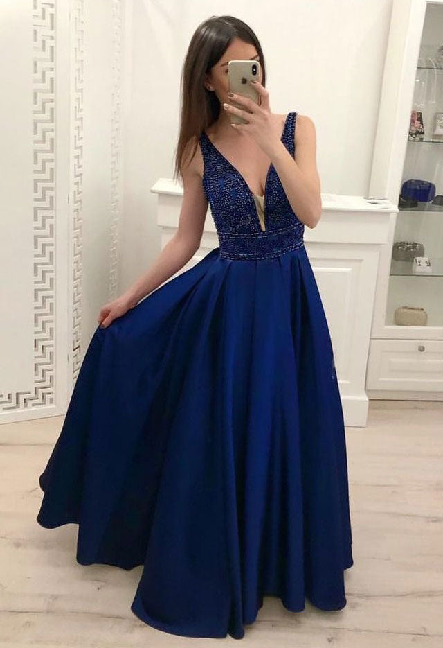 Royal Blue Deep V Neck Long Prom Dresses with Beaded