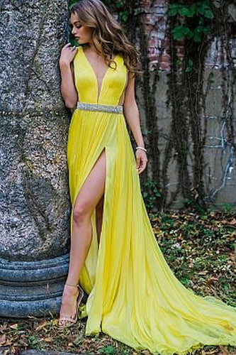 Deep V Neck Yellow Prom Dresses Slit