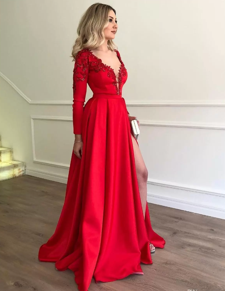 Deep V Neck Prom Dresses with Full Sleeves