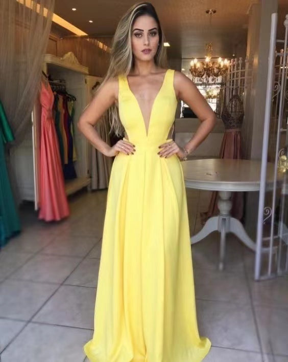 Deep V Neck Prom Dresses Yellow