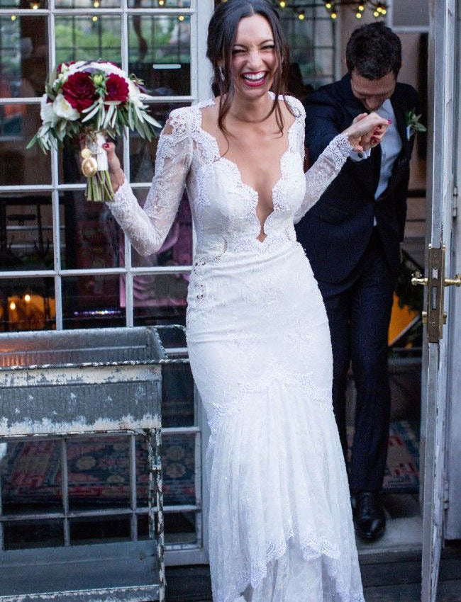 Deep V Neck Bridal Gown Wedding Dresses with Sleeves