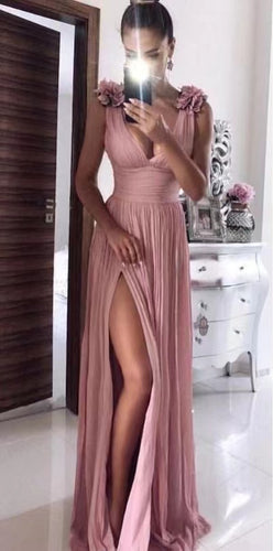 Deep V Neck Prom Dresses Shoulder with Handmade Flowers