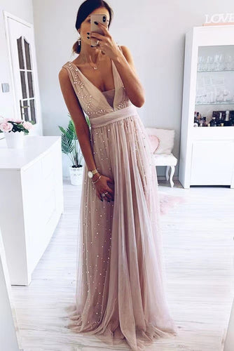 Deep V Neck Prom Dresses with Pearls