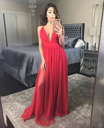 Deep V Neck Prom Dresses with Slit Side under 100