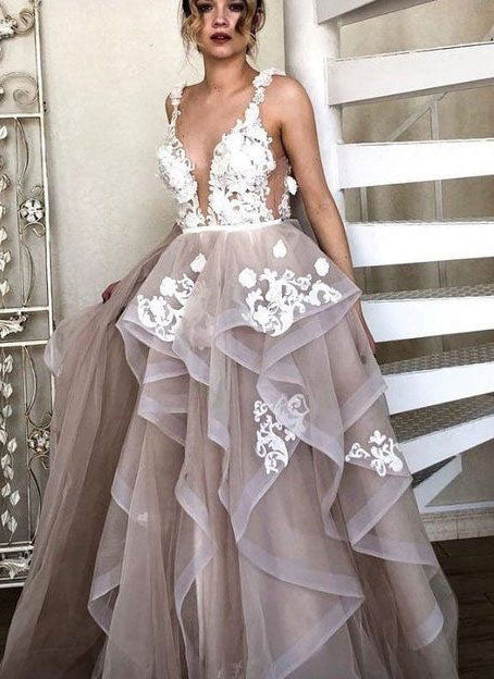 Deep V Neck Wedding Dresses Bridal Gown with Appliques