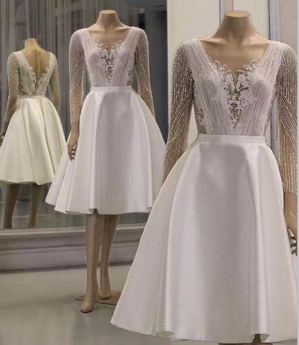 Deep V Neck Wedding Dresses Bridal Gown Under Knee Length