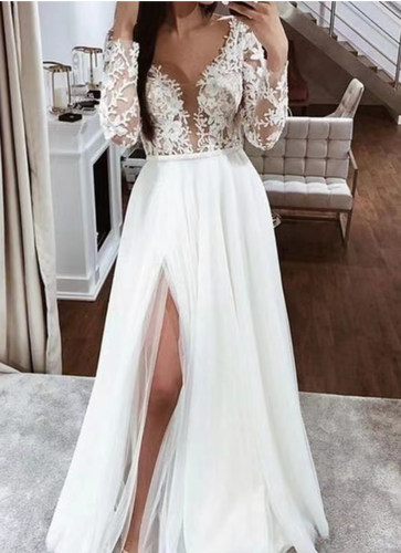 Deep V Neck Wedding Dresses Bridal Gown Slit Side