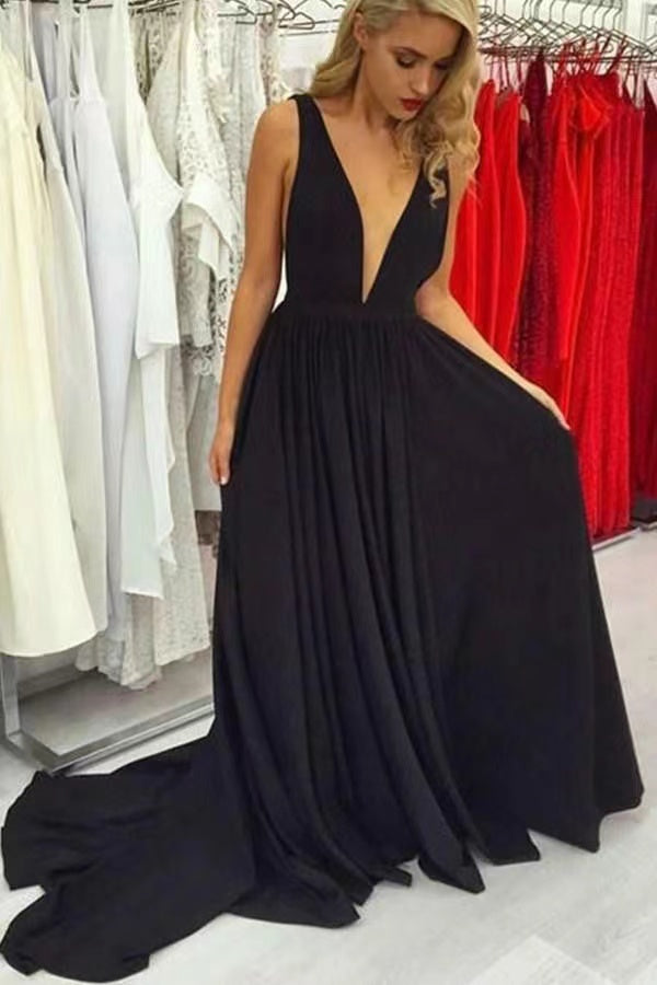 Deep V Neck Prom Dresses Black